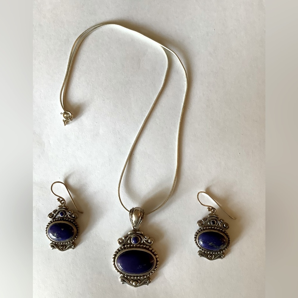 Blue Lapis Pendent Necklace and Matching Earrings
